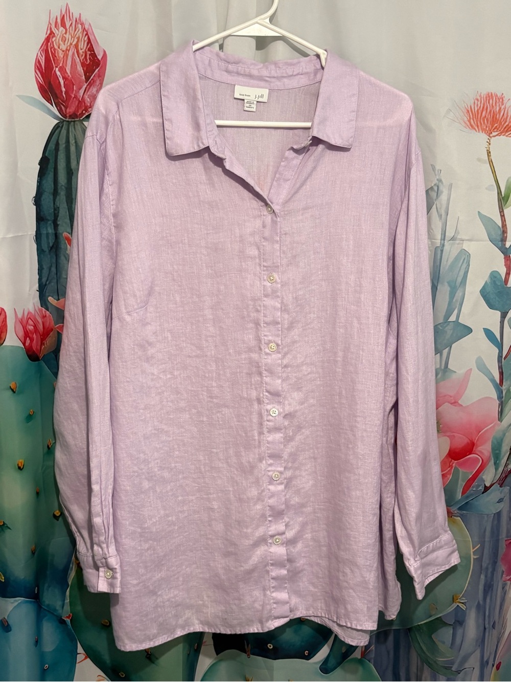 J. Jill Love Linen Womens 2X Plus Purple Solid Collared Button-Up Long Sleeve